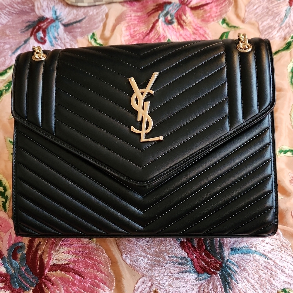 Yves Saint Laurent Black Chevron Shoulder Bag with Gold Logo - Picture 2 of 5
